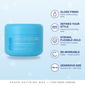 A light blue jar of Shape-Defining Wax hair wax on a pale blue background with white text callouts describing product benefits: gloss finish, defines your style, strong flexible hold, re-workable, and generous 100 mL size. Brand text 'Fish Soho London' ap