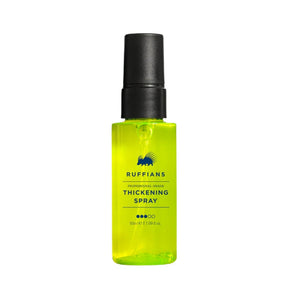 A bottle of Ruffians Thickening Spray with a black pump dispenser and a bright neon yellow-green liquid inside, shown on a plain white background.