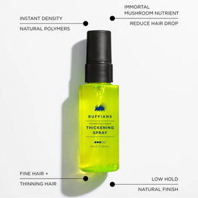 A bottle of Ruffians Thickening Spray with a black pump and a bright yellow-green liquid inside, shown on a white background with text callouts describing hair-enhancing properties.