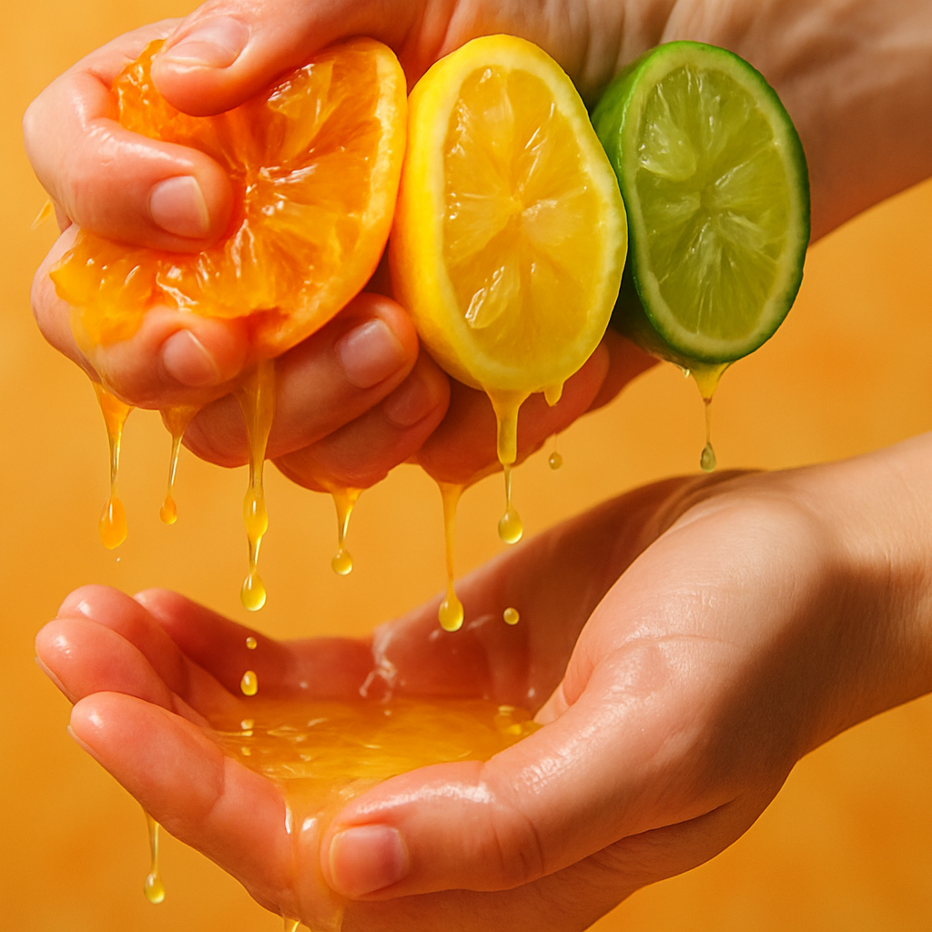 Citrus fruits squished in hands with drips