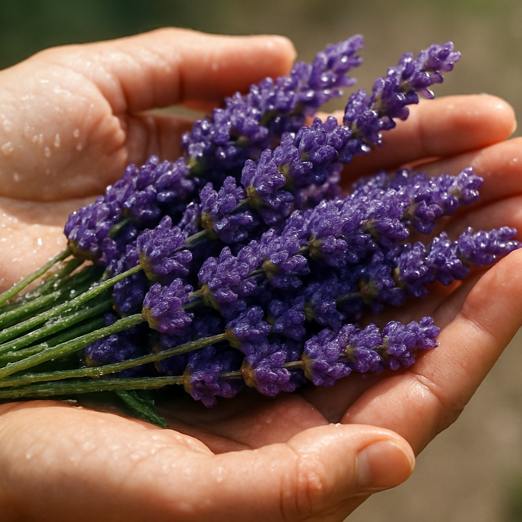 Lavender bunch in hands with water dropelts of it